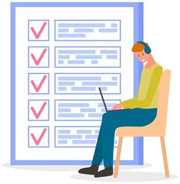 Male character with checklist, task planner program on computer. Man sits with Stockillustratie