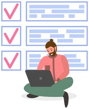 Male character with checklist, task planner program on computer. Man sits with 스톡 일러스트