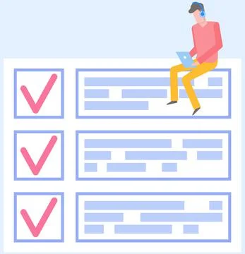 Male character with checklist, task planner program on computer. Man sits with 스톡 일러스트