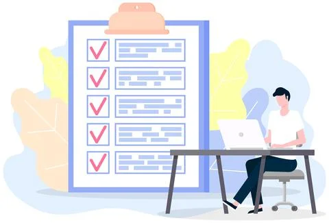 Male character with checklist, task planner program on computer. Man sits with Illustrazione stock