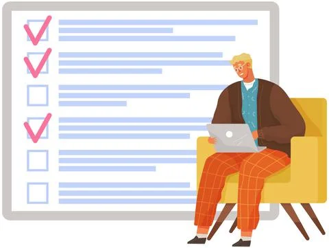 Male character with checklist, task planner program on computer. Man sits with Illustrazione stock
