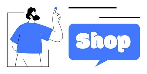 Male Character Interacting with a Shopping Interface and Shop Text Bubble 스톡 일러스트