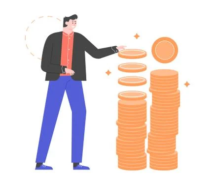 Male character next to a stack of gold coins. Illustrazione stock