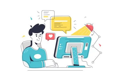 Male character sit at computer device Illustrazione stock