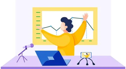 Male character sits at the table with statistical graph on the background Stock Illustration