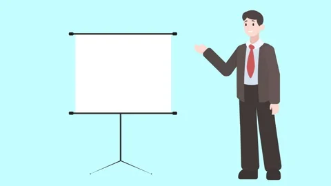 Male character standing next to an empty board, giving a presentation. Stock Footage 282930217