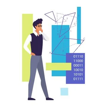 Male character thinking on logic problem of science research Stock Illustration