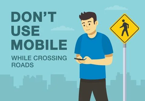 Male character using mobile while crossing the road. Close-up view. Stock Illustration