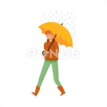 Male Character Walking Under Umbrella in Rainy Day Vector Illustration Stock Illustration