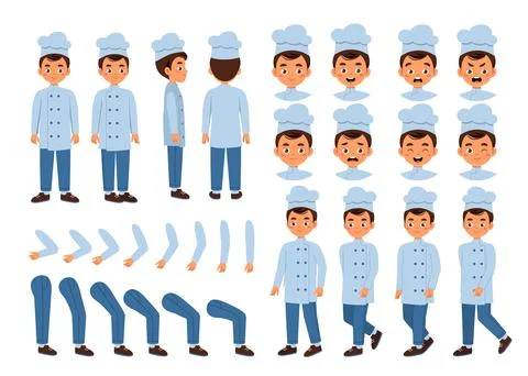 Male chef constructor. Cook in hat in different poses. Pack of heads, legs and Stock Illustration