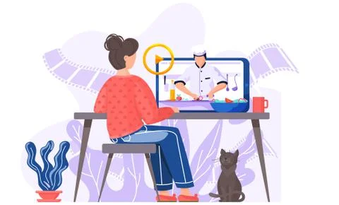 Male chef cooking while streaming online for master class lesson. Girl on online Illustrazione stock
