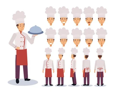 Male Chef Flat Vector Character creation set with various views, Cartoon styl Stock Illustration
