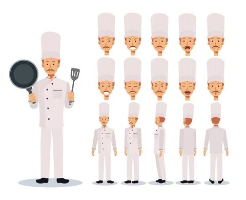 Male Chef Flat Vector Character creation set with various views, Cartoon styl Illustrazione stock