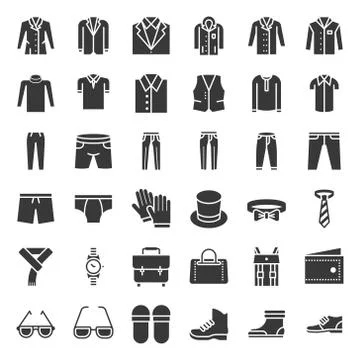 Male clothes and accessories solid icon set 3 Stock Illustration