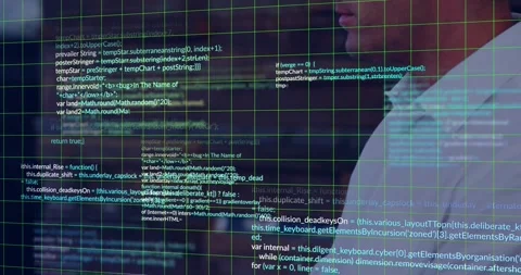Male coder exploring technology workspace, navigating neon green grid and code Stock Footage 328150861