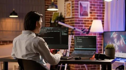 Male coder programming server encryption on firewall software Stock-Fotos