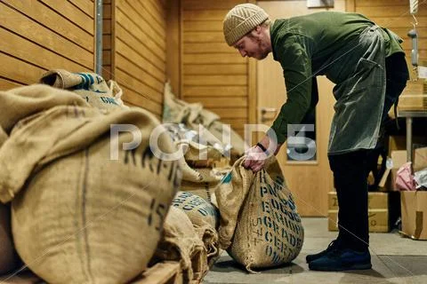 Male Coffee Shop Owner Lifting Sack Of Coffee Beans In Store Room