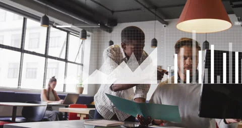 Male colleagues pointing folder, analyzing business data via node animation Stock Footage 314709092
