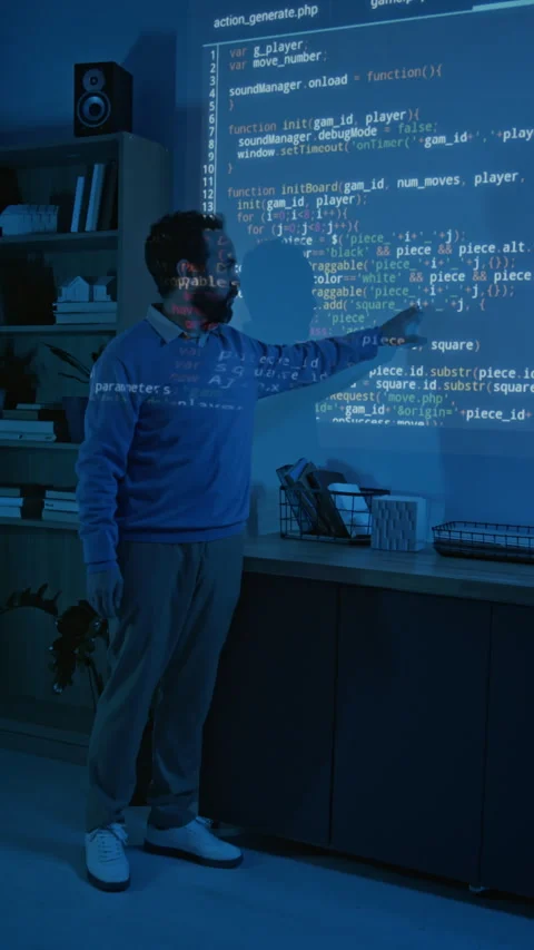 Male College Teacher Explaining Coding Algorithm on Blue Projector Screen Stock-Footage 307065618