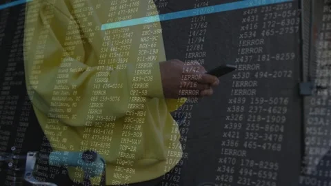 Male commuter tapping phone, checking transit data while blue bars and code Stockbeeldmateriaal 335317582