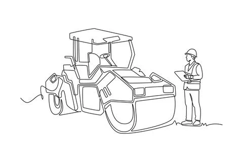 Male construction inspecting large road roller machinery Stock Illustration