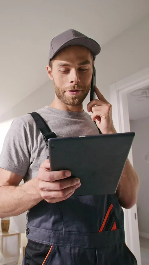 Male construction worker speaking on smartphone while checking notes on tablet Stock Footage 313620971