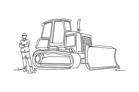 Male construction worker standing next to bulldozer vehicle Stock Illustration