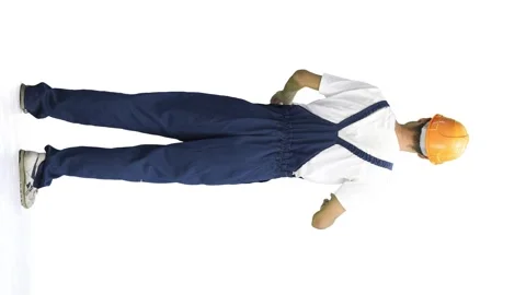 A male construction worker, on a white background, in full height, shows a stop Stock Footage 261431558