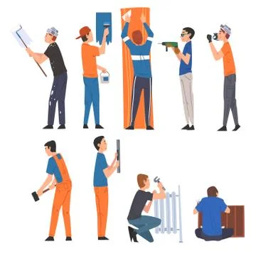 Male Construction Workers Doing Renovation at Home with Professional Equipment Stock Illustration