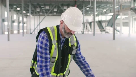 Male contractor using laptop in empty warehouse Stock Footage 221037015