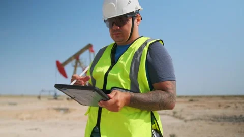 Male controller with tablet overseeing oil production site Stock Footage 317252511