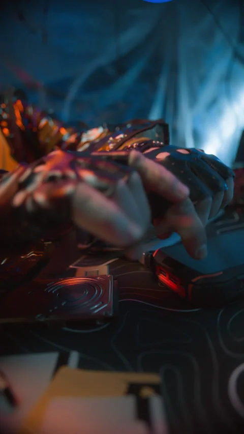 Male Cyberpunk Hacker Programming on Computer in Neon Dark Workspace Stock Footage 327635560