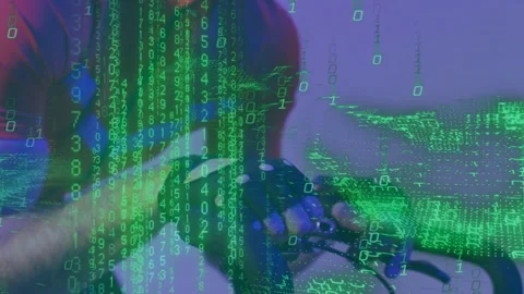 Male cyclist gripping bars as numeric code and waveform appearing, causing brake Stock Footage 333426080