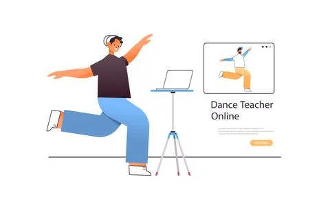 Male dancer doing dancing exercises while watching online video training program Illustrazione stock