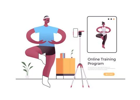 Male dancer doing dancing exercises while watching online video training program Illustrazione stock