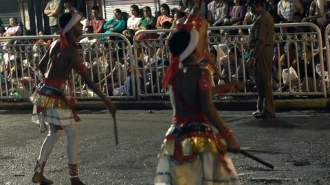 Male dancers performing during Sacred Tooth Festival in Kandy, Sri Lanka, super Stock Footage