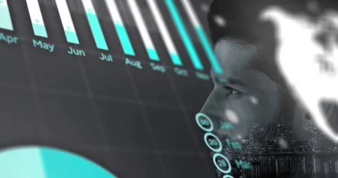 Male data analyst standing in profile, camera pulling back revealing charts over Stock Footage 329929899