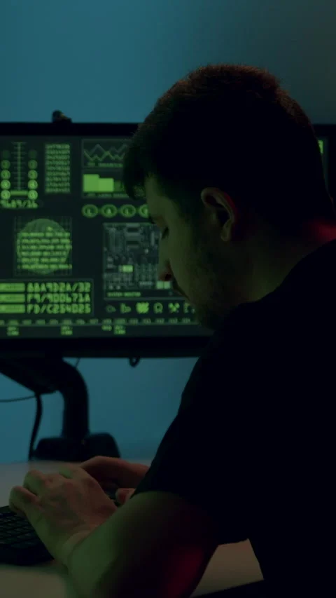 Male data analyst working intently at dual monitors displaying green code and Stock-Footage 315441752