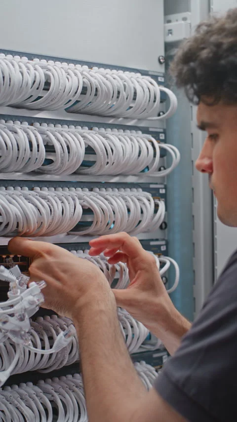 Male Data Center Engineer Connecting RJ45 Ethernet Cables to Network Switch Stockbeeldmateriaal 344956483
