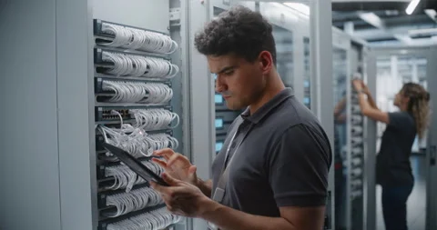 Male Data Center Engineer Inspecting Rack Connections While Using Tablet Stockbeeldmateriaal 344969449