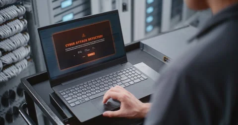 Male Data Center Engineer Investigating Cyber Attack Alert Through Linux CLI Stock Footage 344971803