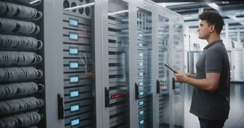 Male Data Center Engineer Performing Mobile Server Infrastructure Audit Stock Footage 344953947