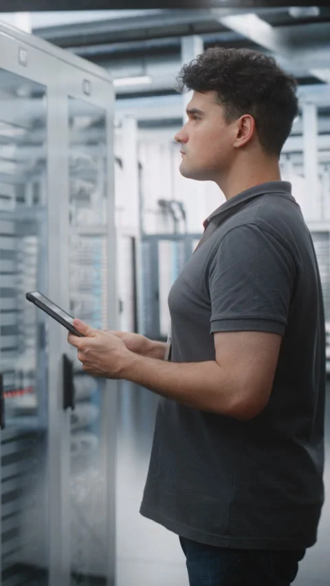 Male Data Center Engineer Performing Mobile Server Infrastructure Audit Stockbeeldmateriaal 344954078