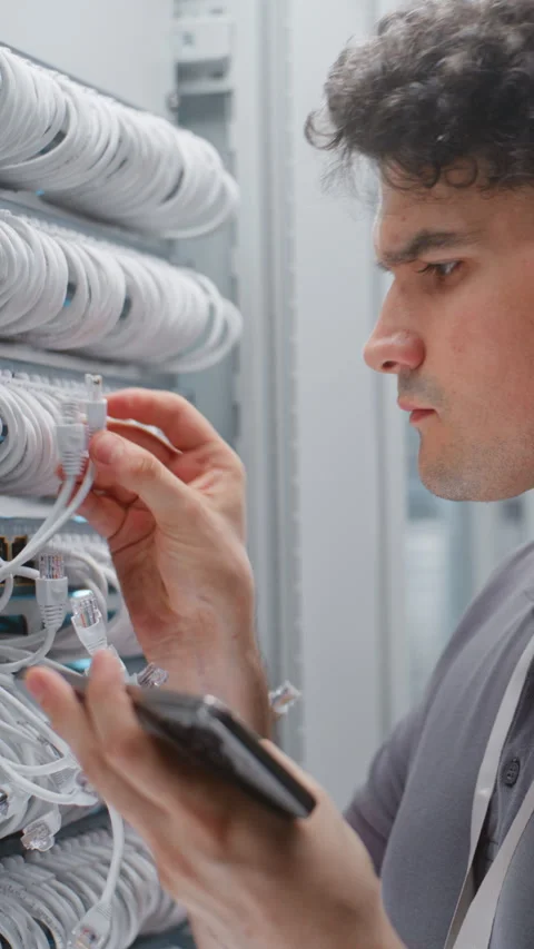 Male Data Center Technician Verifying Ethernet Cabling While Female Colleague Stockbeeldmateriaal 344968259