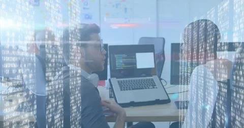 Male dev leaning, pointing at laptop, typing seeing code, debugging with code Stock Footage 326974882