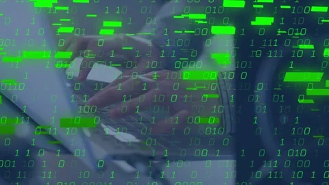 Male dev typing on laptop, keys spawning green binary stream hiding hands, Stock Footage 335235361