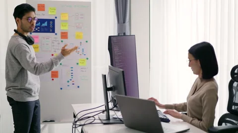A male developer annotates a software development plan on a whiteboard. Stock Footage 310589216