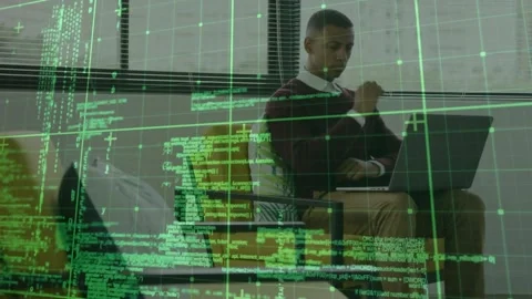 Male developer booting laptop, typing code in armchair with green code overlay Vídeos de archivo 319853300