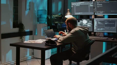 Male developer enjoying programming success at night Stock Footage 229334230