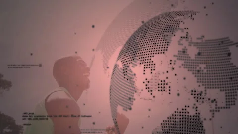 Male developer exploring matrix globe in data visualization with code overlays Stock Footage 307972790